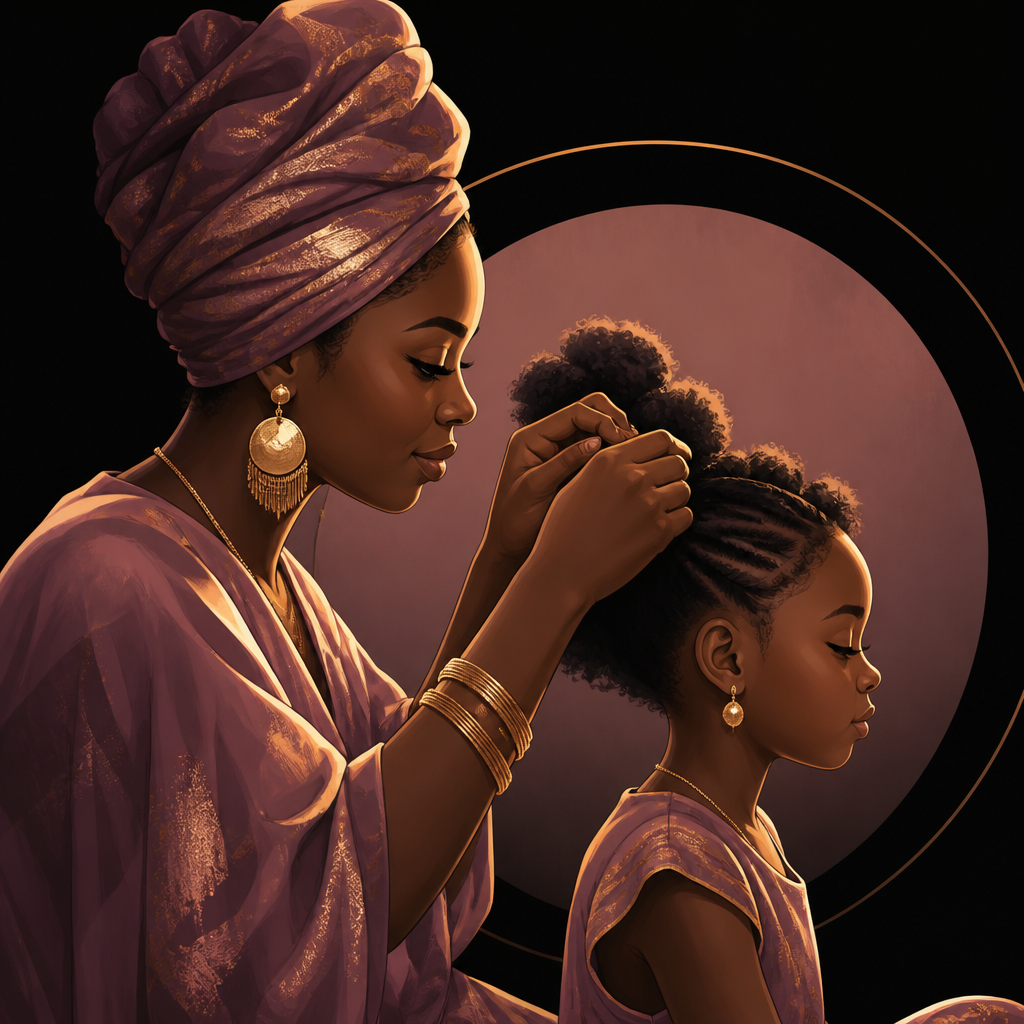 Illustration of a mother lovingly styling her daughter's natural hair